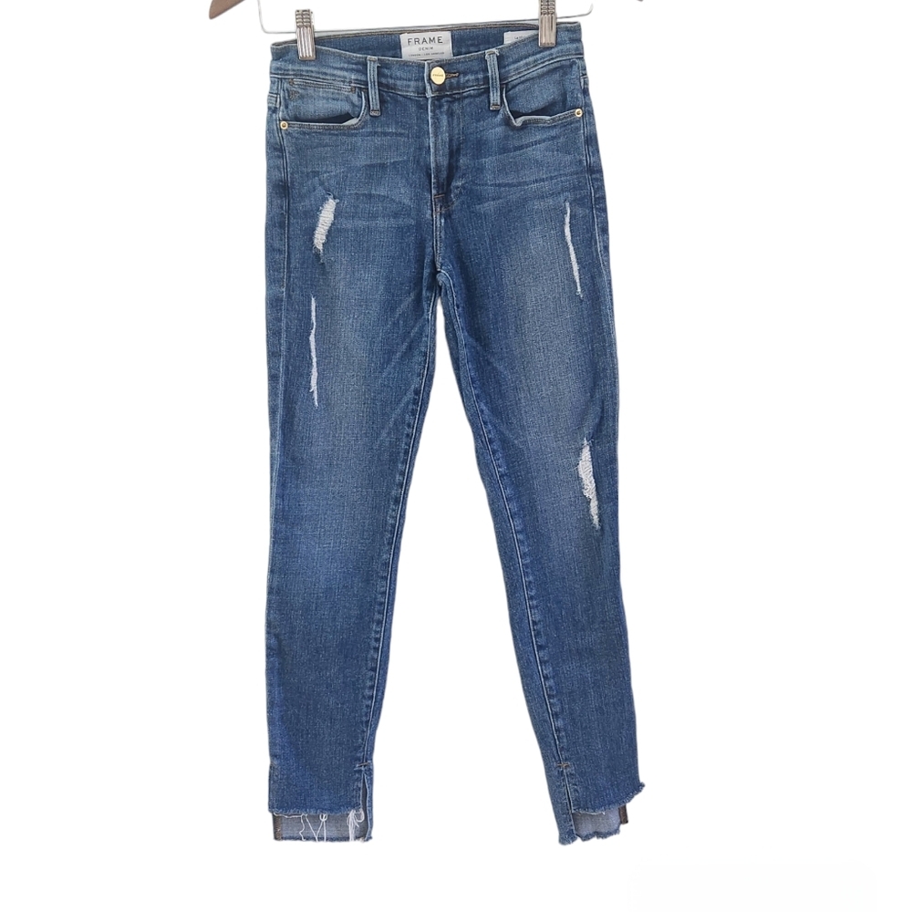 Frame Denim Jeans Le High Skinny Size 24 Womens Forest Park Distressed Raw Hem